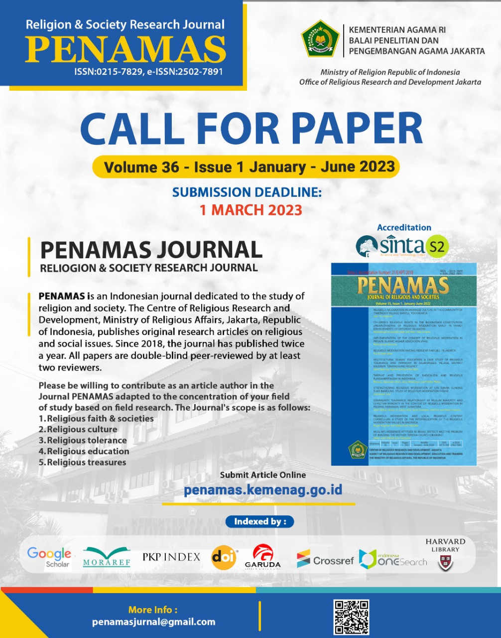 CALL FOR PAPER PENAMAS : Religion & Society Research Journal Volume 36, Issue 1 January-June 2023