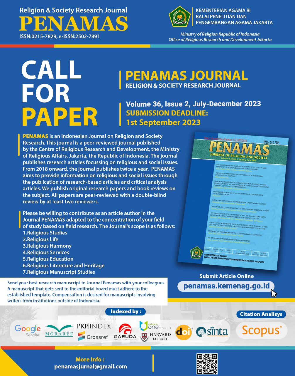 CALL FOR PAPER Jurnal Penamas Volume 36, Issue 2, July- December 2023